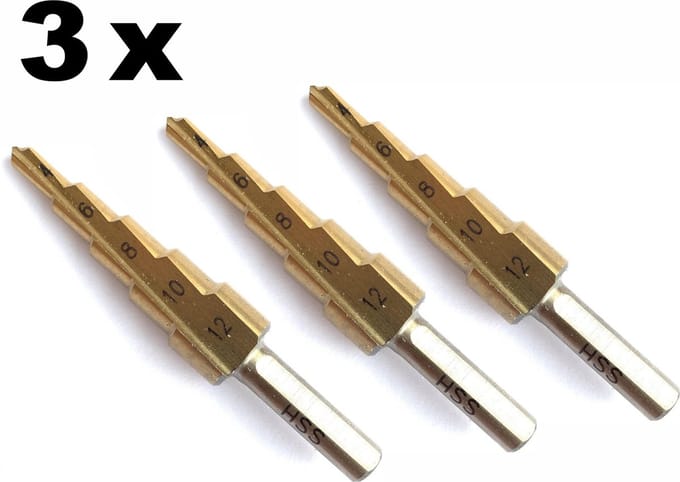 3x Stappenboor 4 tot 12 mm HSS conische plaatfrees trap van 4,6,8,10 en 12 mm