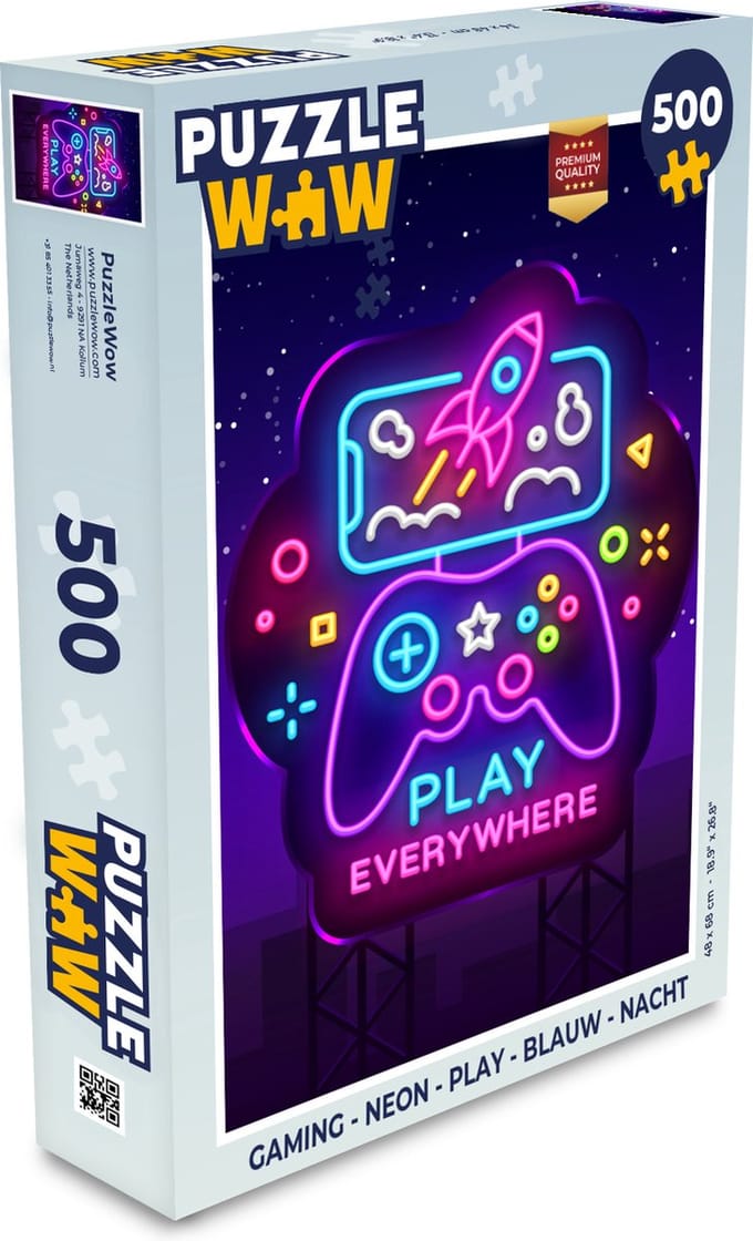 Puzzel Gaming - Neon - Play - Blauw - Nacht - Controller - Legpuzzel - Puzzel 500 stukjes