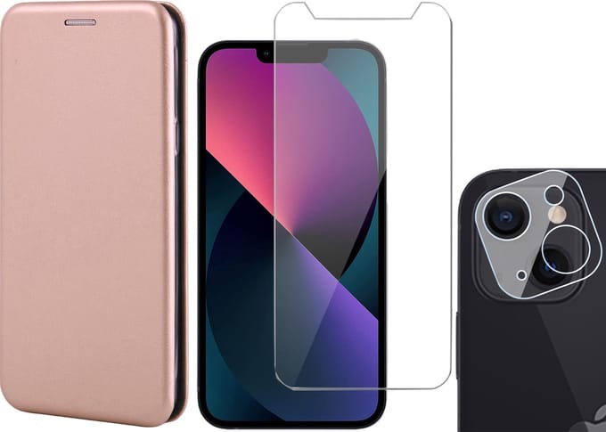 Hoesje geschikt voor iPhone 13 Mini - Portemonnee Book Case - Roségoud - Met Screenprotector en Camera Screen Protector