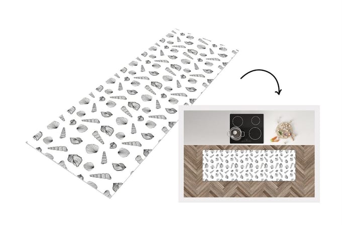 Keukenloper - Loper keuken - Schelp - Zwart Wit - Design - 150x50 cm - Keukenloper vinyl