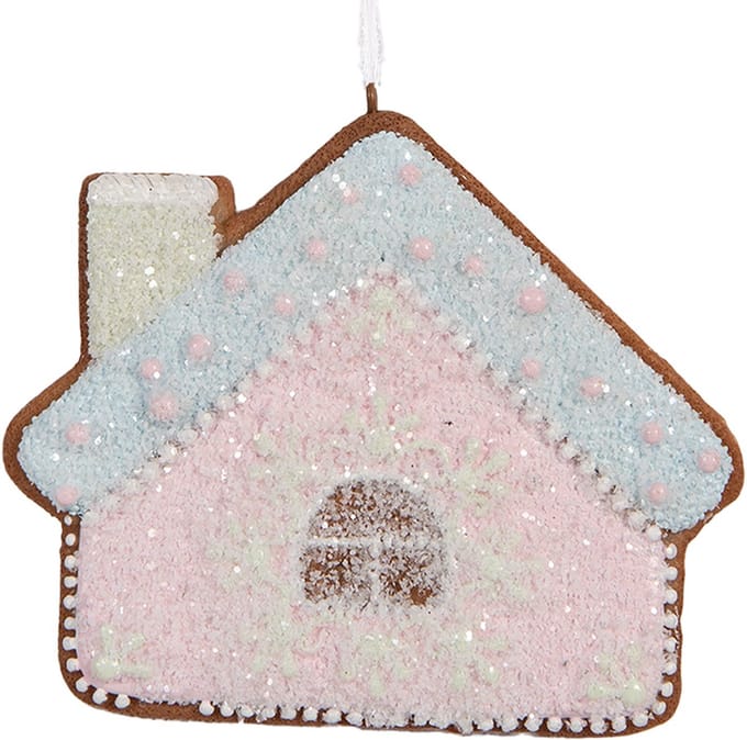 Clayre & Eef Kersthanger Gingerbread house 9x1x8 cm Roze Blauw Kunststof