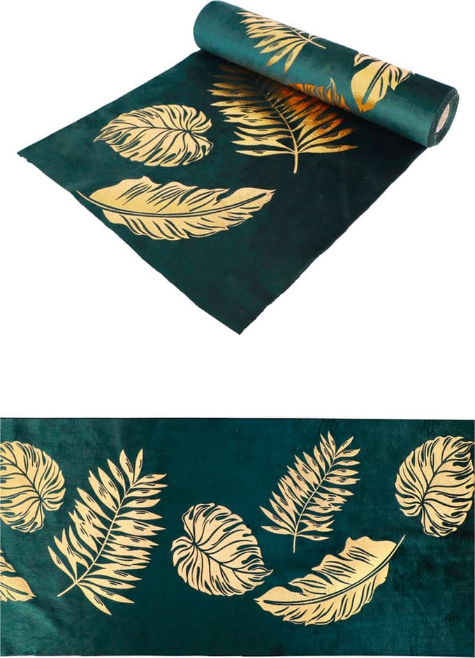 CHAKS - Tafelloper van groen fluweel met gouden bladeren 28 cm x 3 m tropisch-chic