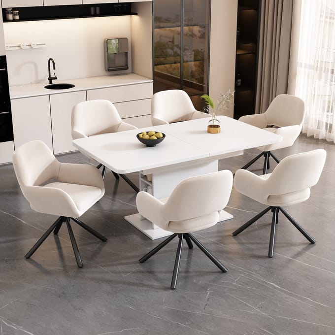 MODFU Eetkamerstoel - Draaibaar Met Armleuningen - Modern - Fluweel En Metaal - Beige - Set Van 6