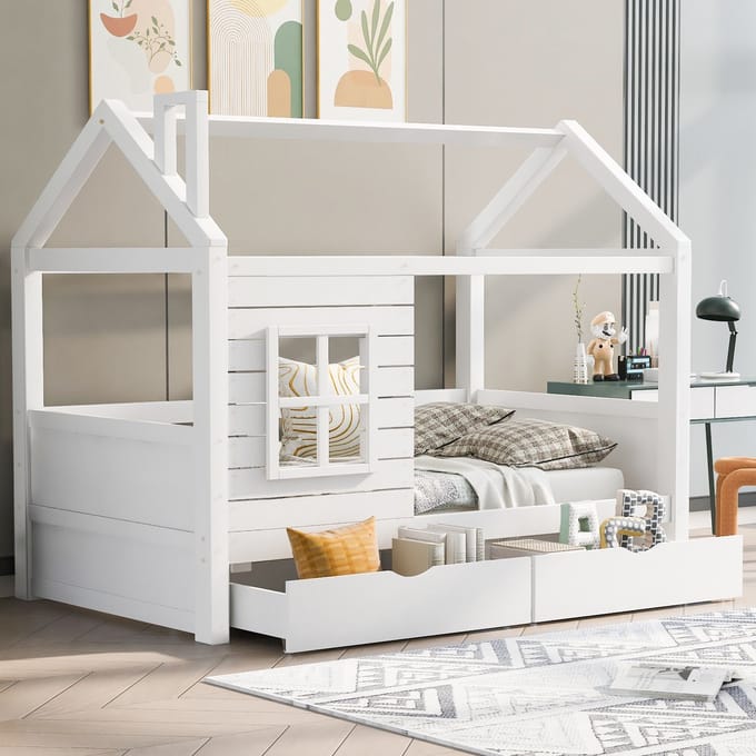 REDOM Kinderbed – 90x200 cm – Huisbed met veiligheidshek & 2 lades – Massief grenenhout – Wit