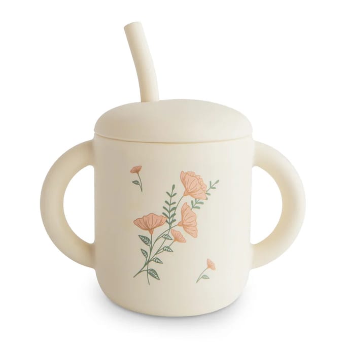 Mushie Trainings Drinkbeker met Rietje Pink Flowers