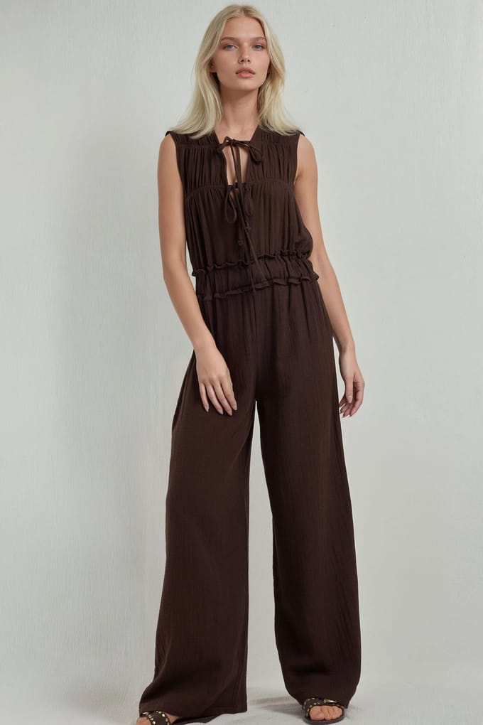 Gestructureerde Wijde Pantalon Jumpsuit met Ronde Hals
