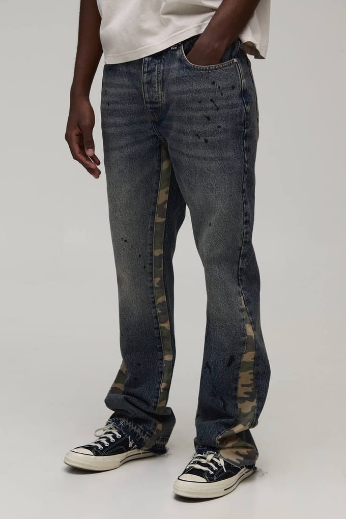 Gewassen Camo Gusset Gestapelde Wijduitlopende Jeans | Mid Wash | Size 36R