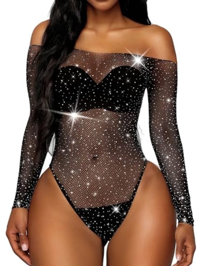 Vrouwen Visnet Bodysuit - Glinsterende Strass Details - Zwart - One Size