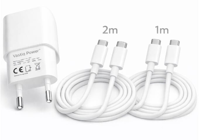 Vastiq Power® USB-C Oplader 20W Snellader Set – Power Delivery Adapter met 1m & 2m 60W USB-C Kabel – Snelladen – Wit
