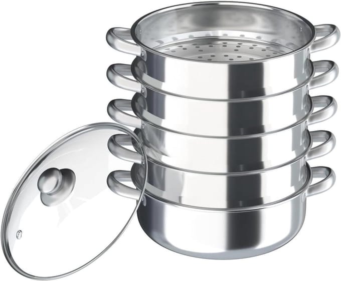 Stoomkoker RVS - Stoompan Set - Gezond Koken - Vijf Etages - 30 cm Diameter - Zilver