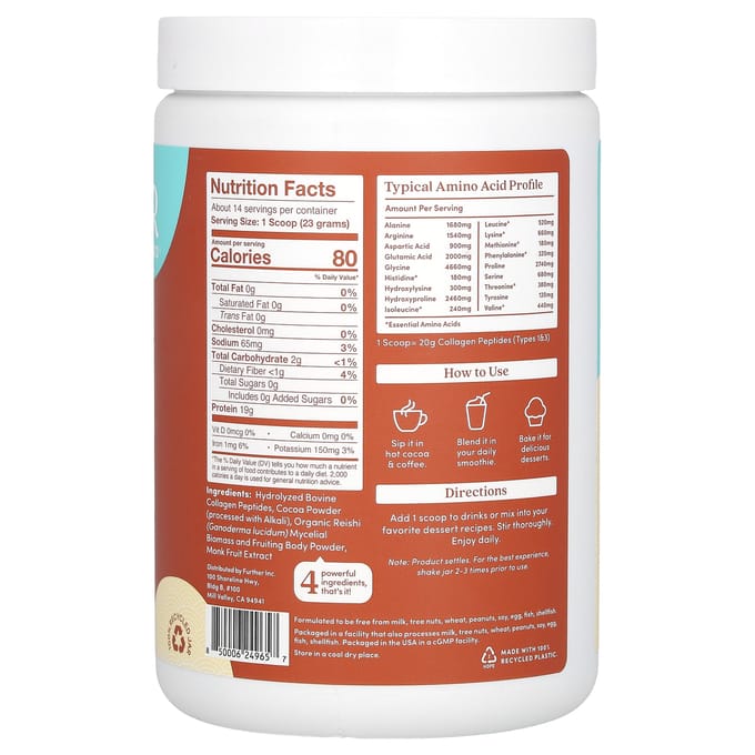 Further Food, Peptides de Collagène d'Élevage + Champignon Reishi, Saveur Chocolat, 11,36 oz (322 g)