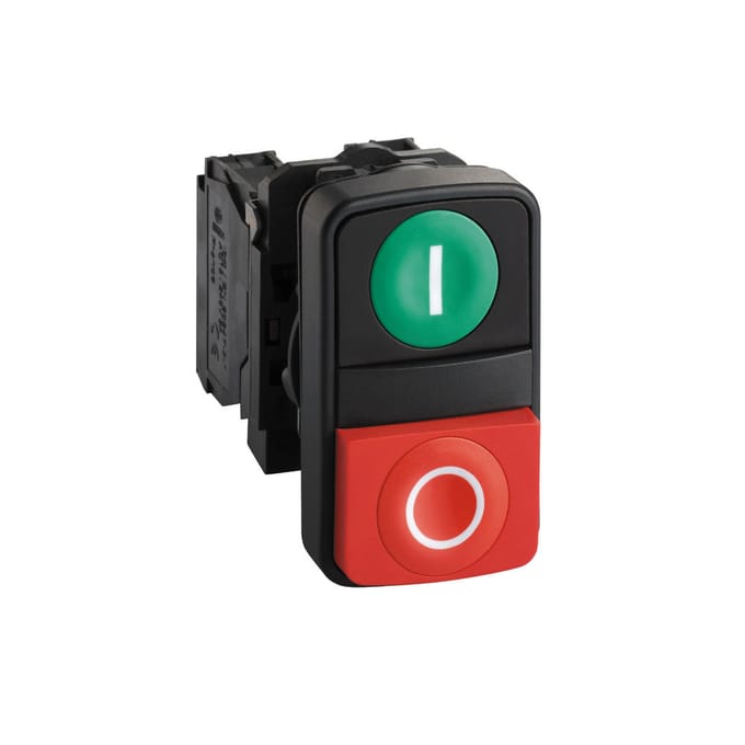 Schneider Electric Harmony double pushbutton complete with Wit i on Groen pushbutton and Wit o on Rood raised pushbutton 1xno + 1xnc xb5al73415
