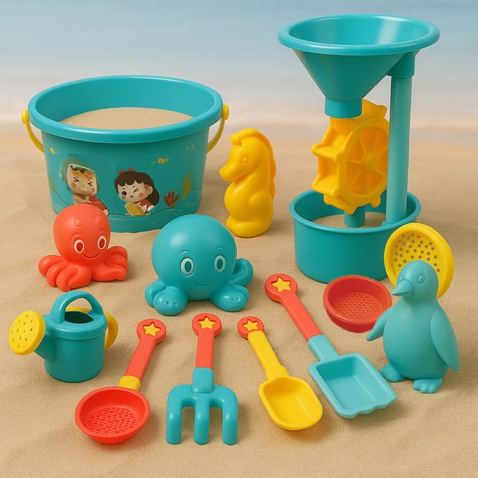 Best Active Strandspeelgoed - 13-Delige Set met Emmer en Watermolen - Strand Speelgoed - Zandbak Speelgoed - Waterspeelgoed - Zand Vormpjes - Schepjes/Harkjes/Zeefjes - Perfect voor Zandbak en Strand