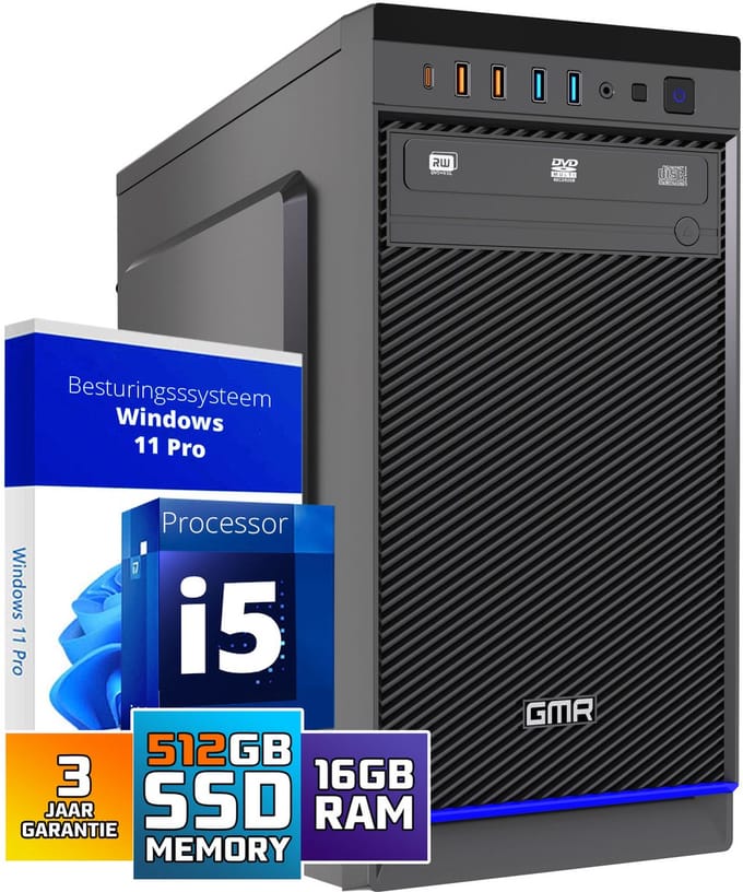 Desktop Computer Intel Core i5 | 16GB RAM | 512GB SSD | Windows 11 Pro | WiFi | DVD-RW | Office PC | Werkcomputer | Zakelijke Computer | Thuiswerk Computer | Thuiswerk PC | Studie Computer | Kantoor PC | Desktop PC | 3 Jaar Garantie