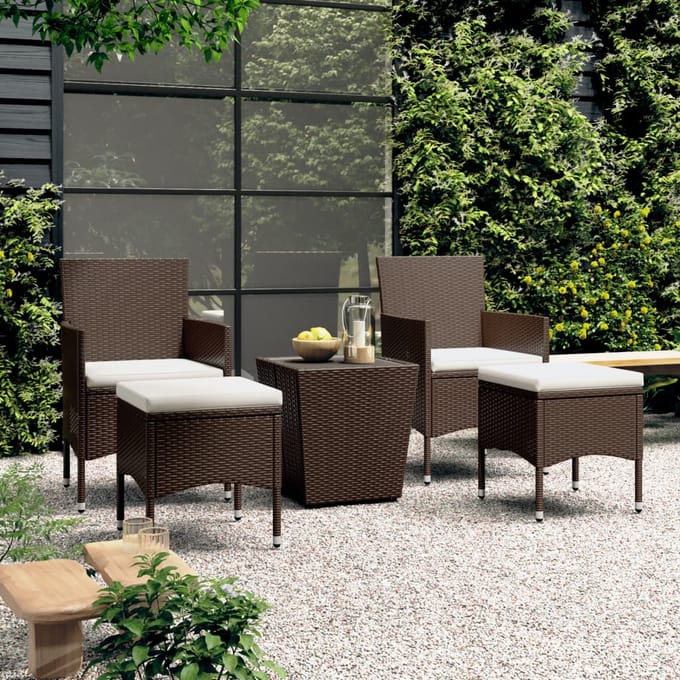 vidaXL - 5-delige - Bistroset - poly - rattan - en - gehard - glas - bruin