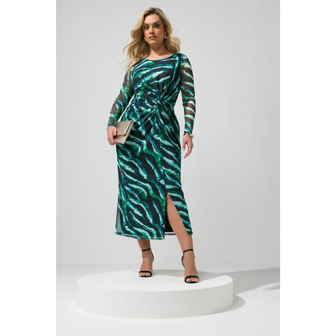 Yours London Mintgroene Zebra Mesh Midijurk Met Zijknoop Size 38