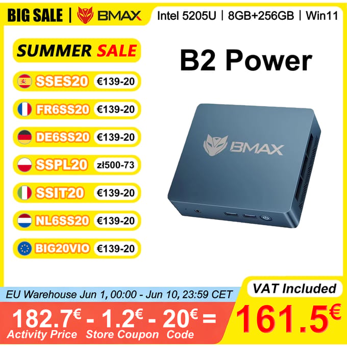 BMAX B2 Power Mini-PC – Intel 5205U – 8 GB DDR4 – 256 GB NVMe SSD – Windows 11 Pro – 4 K-graphic – Compact & Upgradable