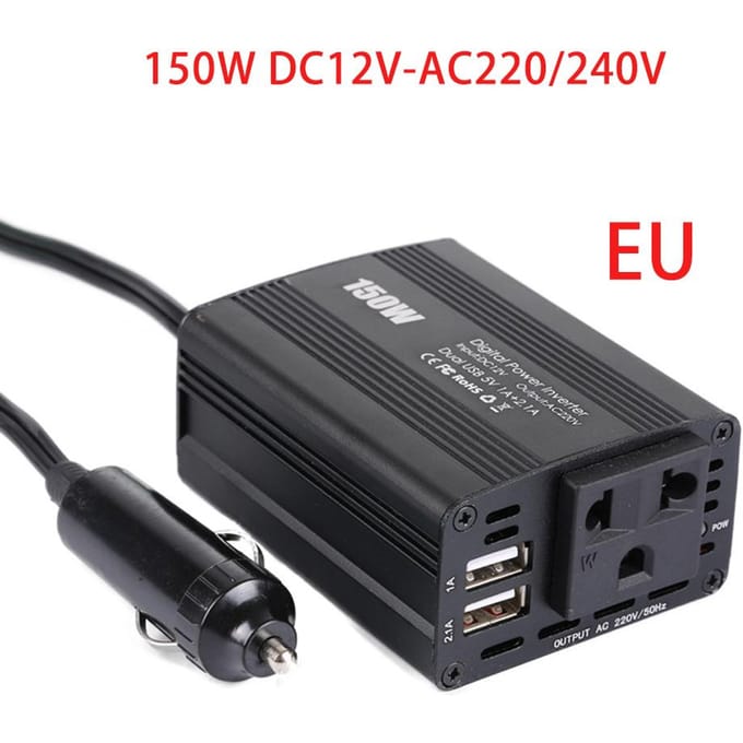 150W Auto Stroomomvormer DC 12V naar AC Converter met Dubbele USB Auto Oplader zwart