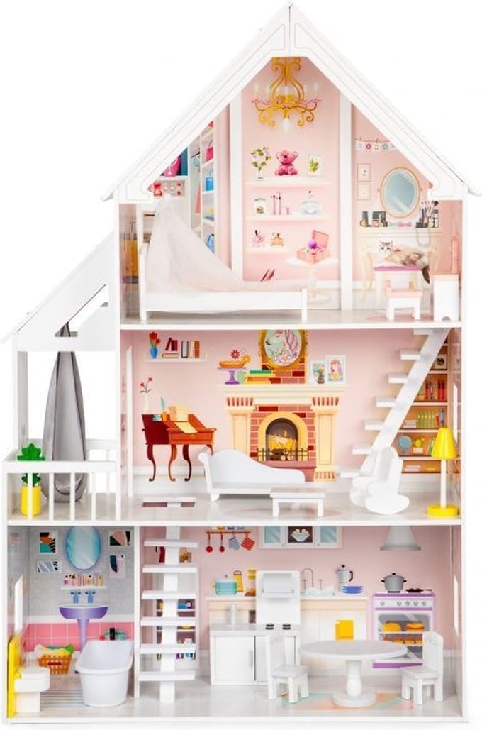 Poppenhuis XXL - hout - 82x30x126 cm - met meubels