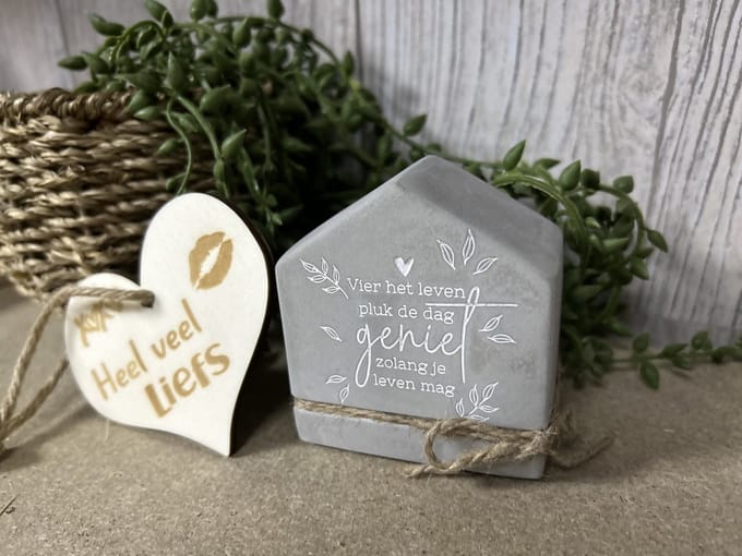 Creaties van Hier – Cement house Pluk de dag met houten hartje - 8 cm – Cement