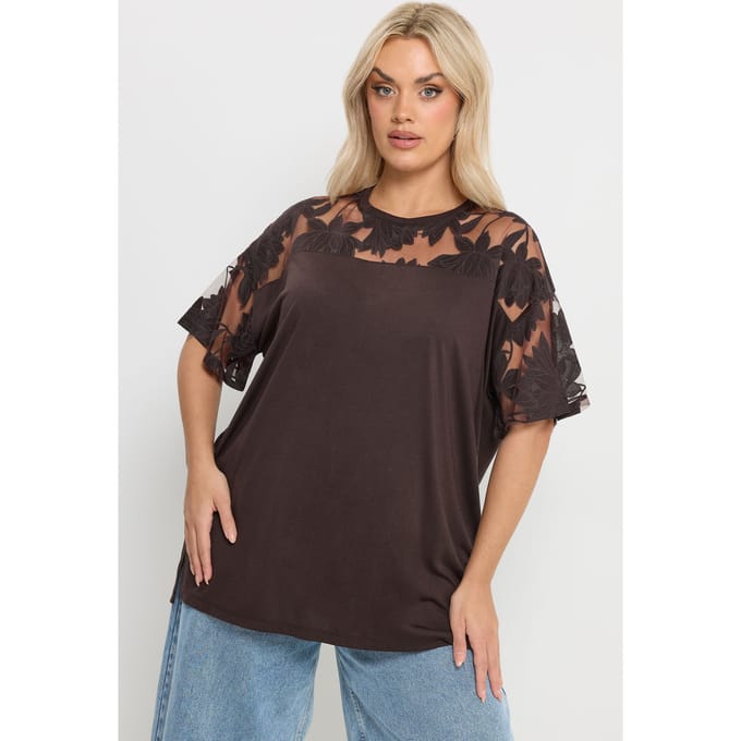 Yours Chocolade Bruin Bloemig Burnout Boxy Tshirt Size 42