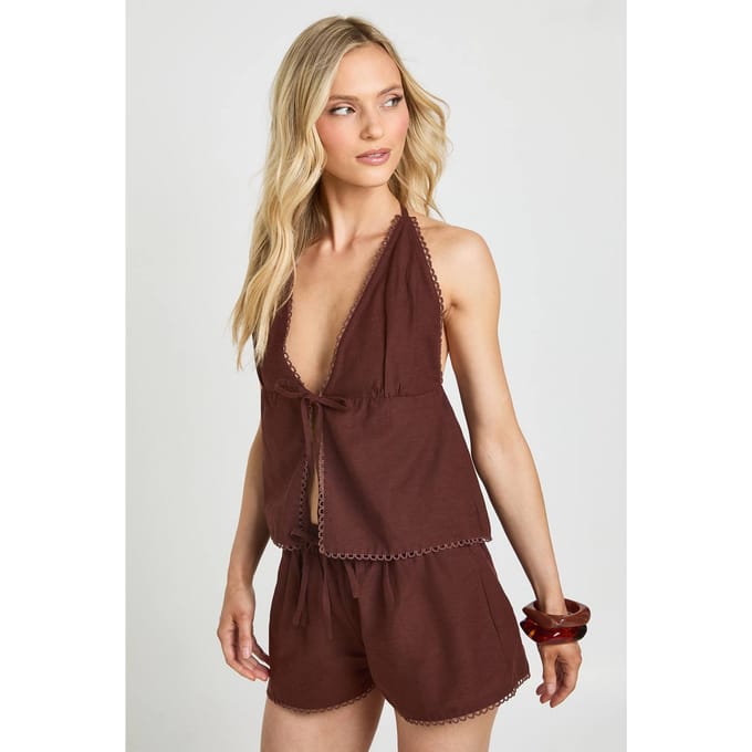 boohoo Dames Petite Linnen-look Haltertop En Shorts Set | Chocolate | Maat: 6