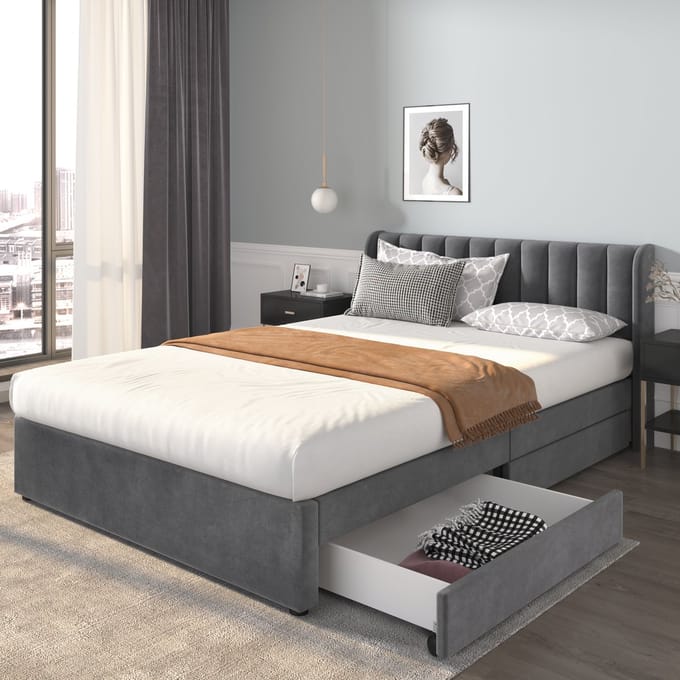 Gestoffeerd bed 160 x 200 cm fluweel met lattenbodem rugleuning 2 laden, grijs