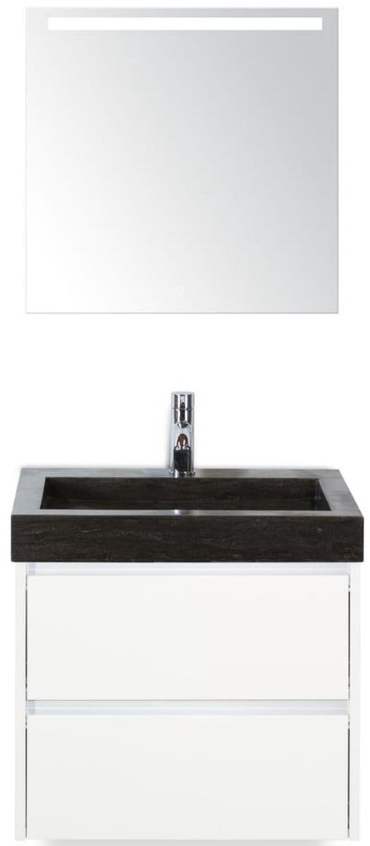 Dante Badmeubelset 60 cm - Wit Hoogglans - Wastafel Hardsteen Wit Lucca met Sence Spiegel