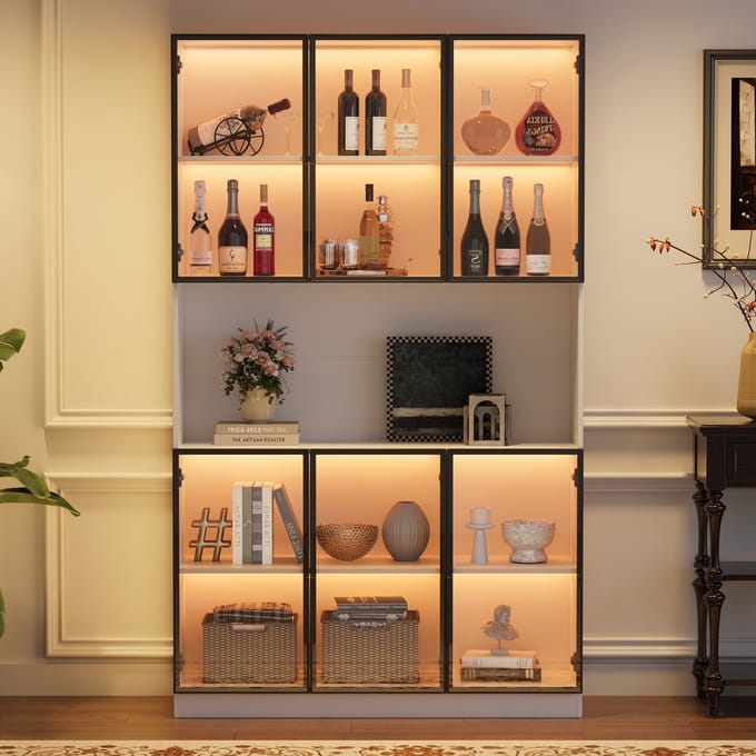 Vitrinekast - 120x34x200 cm - met LED en 6 Deuren - Open Vakken - Glas en Hout - Wit