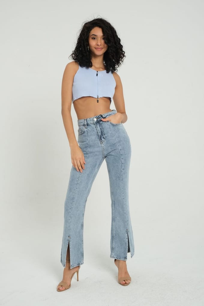 V-hals Gebreide Ribbels Met Rits Croptop