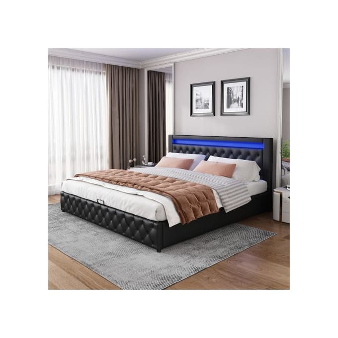 Lit rembourré - MUVOE - 140 x 200 cm - Noir - Éclairage LED - Rangement intégré noir