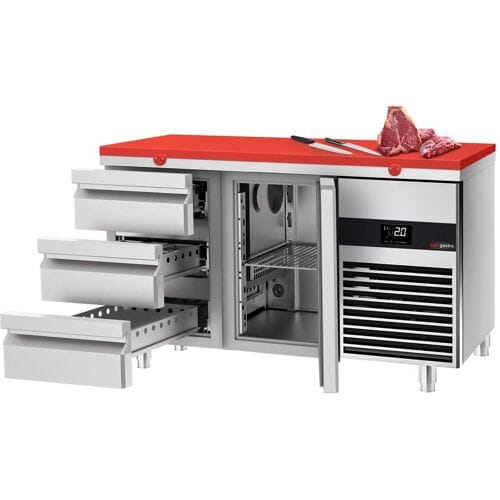 GGM Gastro Kühltisch PREMIUM - 1400x700mm - mit 1 Tür - 3 Schubladen - inkl. Schneideplatte Rot