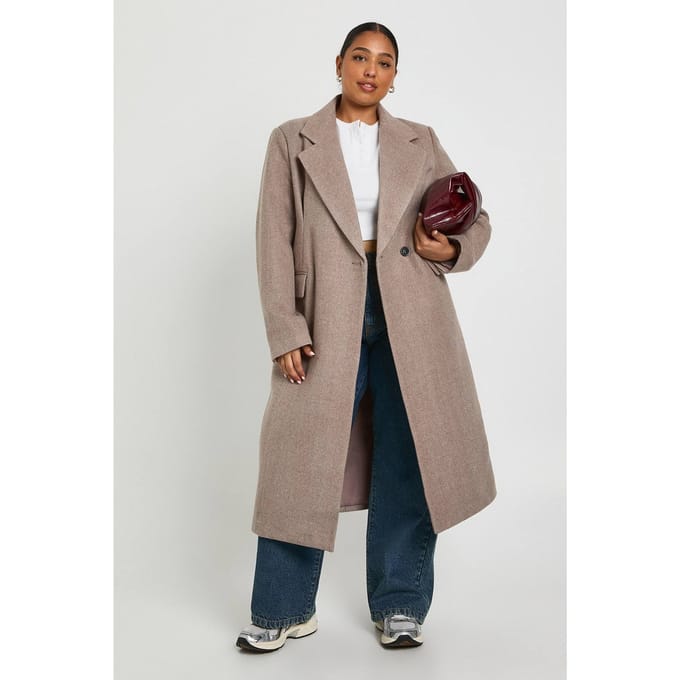 boohoo Dames Plus Wool Look Trenchcoat | Stone | Maat: 18