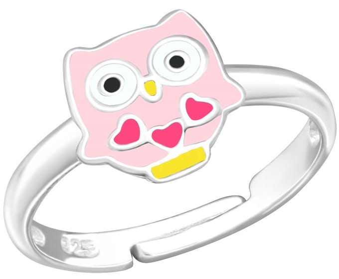 Joy|S - Zilveren uil ring - verstelbaar - roze met hartjes - voor kinderen