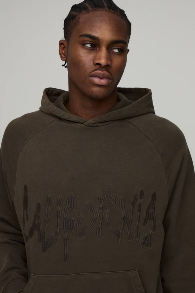 Oversized Gewassen Geborduurd Loopback Hoodie | Khaki | Size Medium
