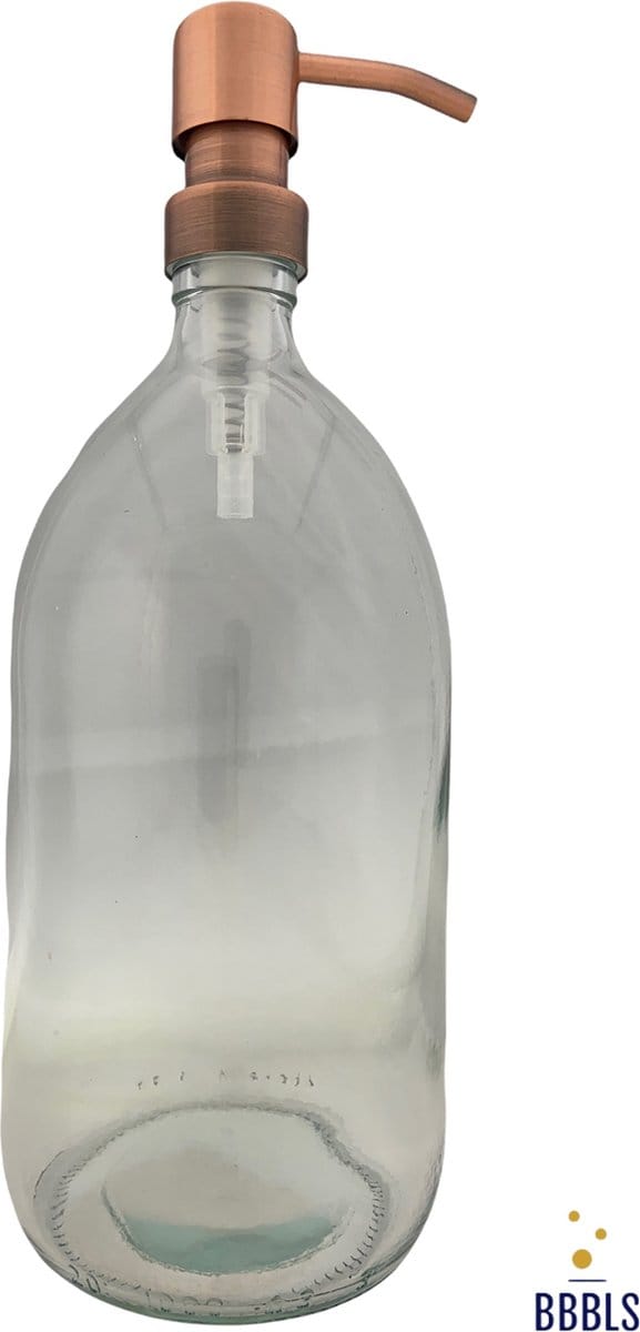 BBBLS® Design Dispenser "Blanco" | Transparant Glas | 1 liter | RVS / Metaal Pomp Koper | Zeeppomp | Zeepdispenser | Zeephouder