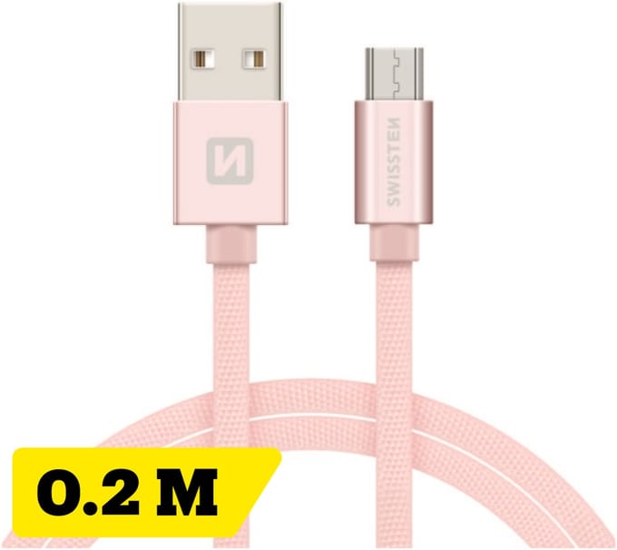 Swissten Korte Micro‑USB Oplaadkabel 20 cm – voor Samsung, Android, Powerbank & PS4 Controller – USB‑A Kabel – Roze