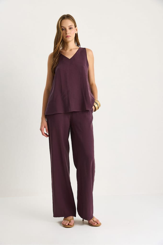 V-hals Katoenen Blouse-Broek Twee-Piece Set