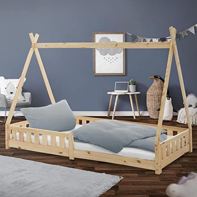 Kinderbed Tipi 90x200 cm - Natuurlijke Houten Kinderbed met Valbeveiliging