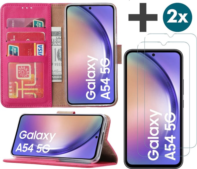 Samsung Galaxy A54 (5G) hoesje - bookcase met pasjeshouder + 2x Screenprotector tempered glass - Roze