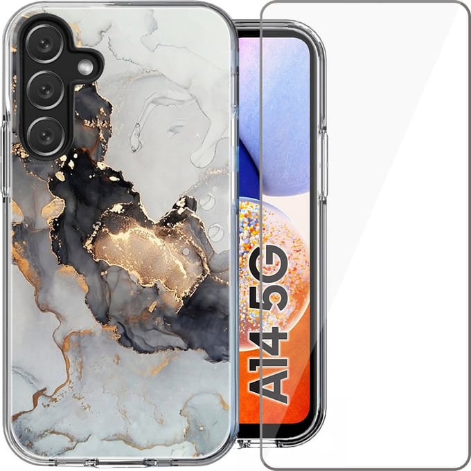 Hoesje geschikt voor Samsung Galaxy A14 - Screen Protector Glas - Back Cover Marmer Siliconen Case Wit & Screenprotector