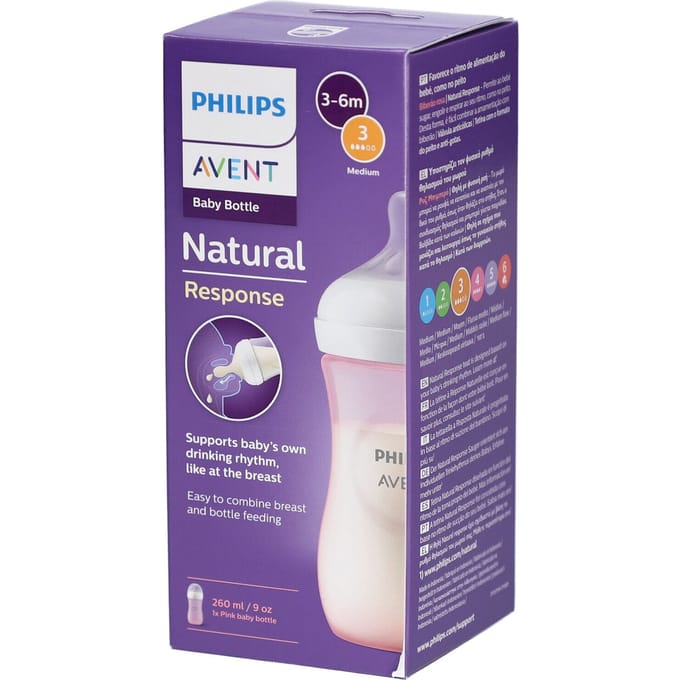 Philips Avent Natural Response Babyfles 260 ml – Flow 3 – Roze-1 fles - SCY903/11
