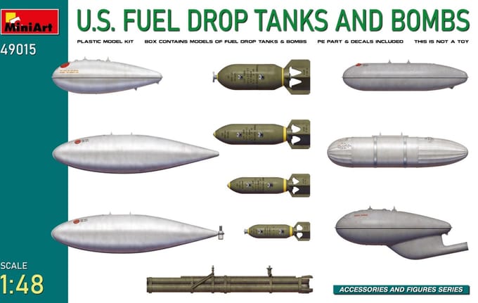 MiniArt Modelbouwpakket Militaire voertuigen - 49015 U.S. Fuel Drop Tanks and Bombs Plastic - 1:48 - Modelbouw