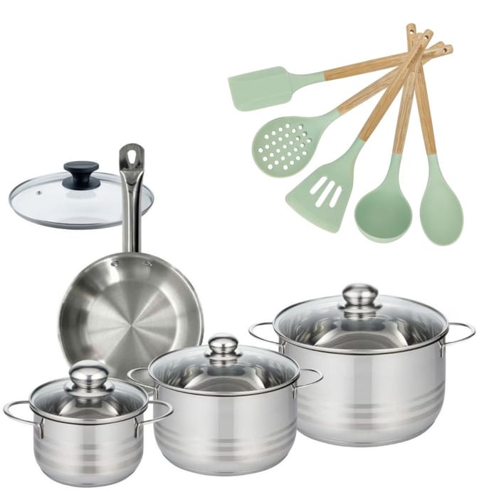 Set Koekenpan 20cm en 3 Kookpotten 16/20/24cm Fackelmann Etherna met 6 keukengerei