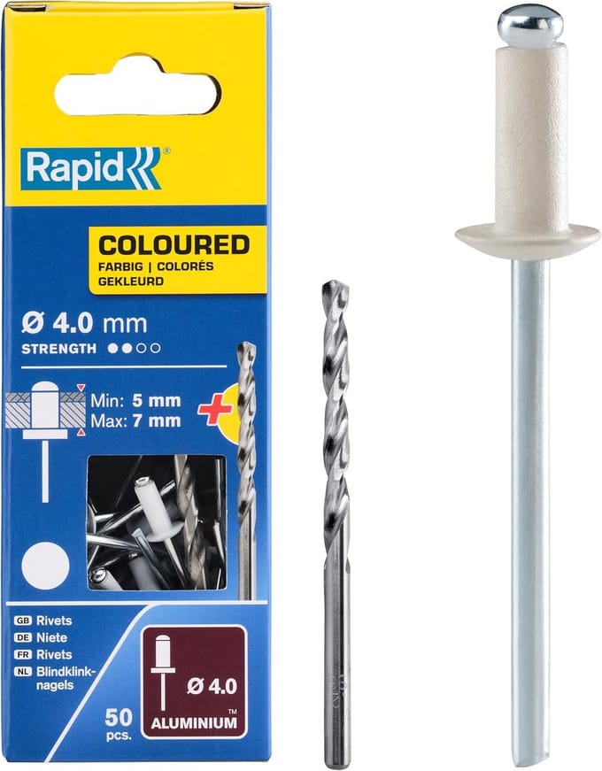 R:Rivets Alu Ø4x10 50pcs+Drill White