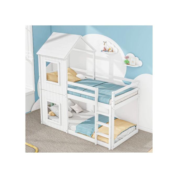 Stapelbed - MUVOE - 90x200 cm - Massief hout - Wit - Met ladder en hemel wit