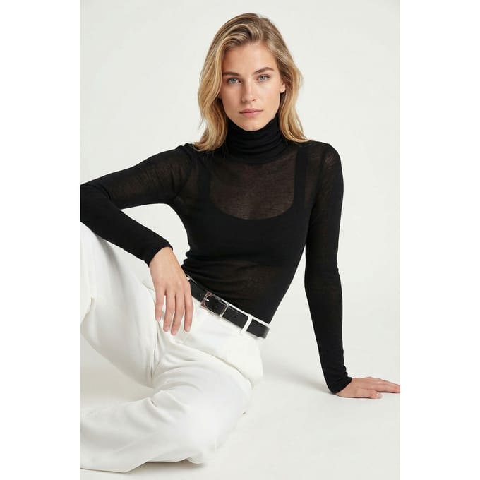 Slim Fit Coltrui Lange Mouw Transparante Blouse