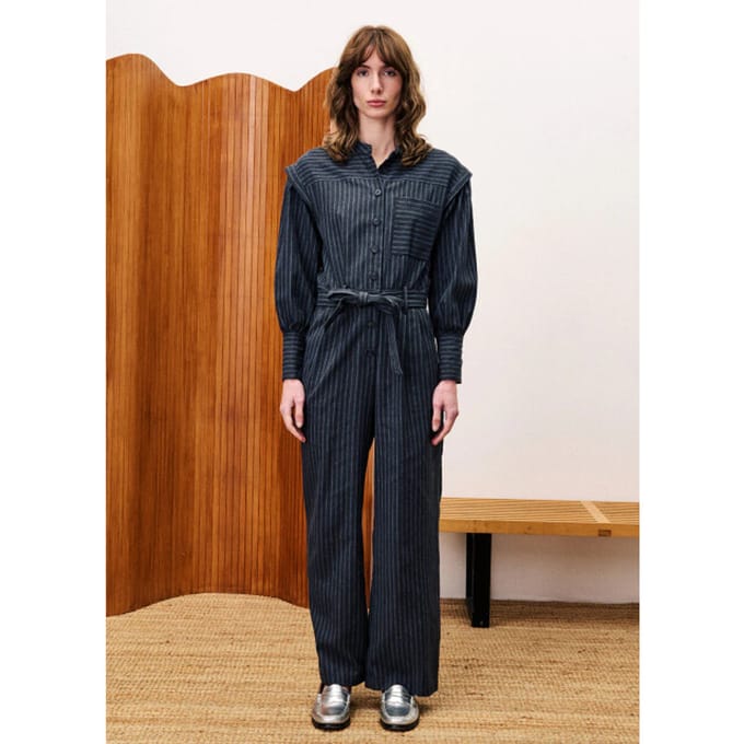 FRNCH Vigan jumpsuit gestreept met schouderdetails en strikceintuur grijs