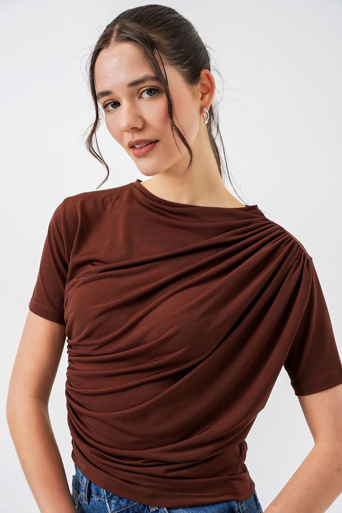 Fitted Blouse met Rimpeldetail en Ronde Hals