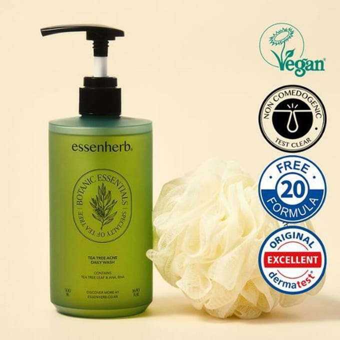 essenHERB Tea Tree Acne Daily Wash 500 ml speciale set (+Douchebal) gray